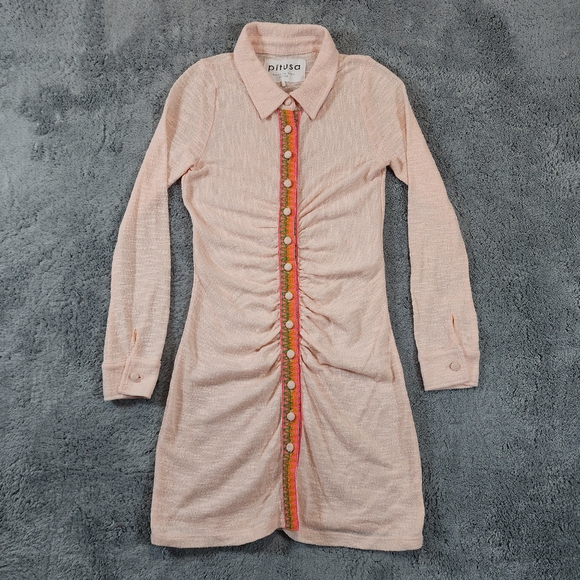 Pitusa Womens Petite Pink Collared Long Sleeve Button Front Mini Dress Ruched - Picture 1 of 8